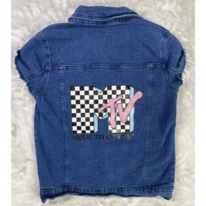 MTV Denim Vest Kids XL‎  Blue Retro 90s Checkerboard Graphic Frayed Sleeveless